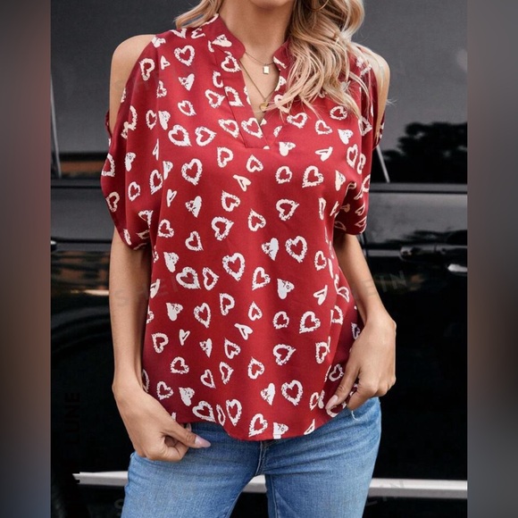 ❤️🤍 SHEIN heart print off shoulder notch collar blouse. Size large. Used once. - Picture 4 of 8